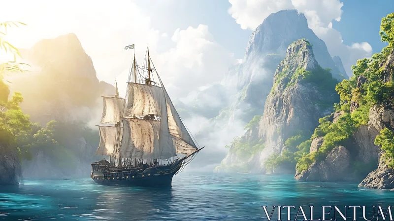 Sailing ship moves through narrow tropical coastal passage