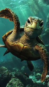 Curious sea turtle glides through sunlit underwater world