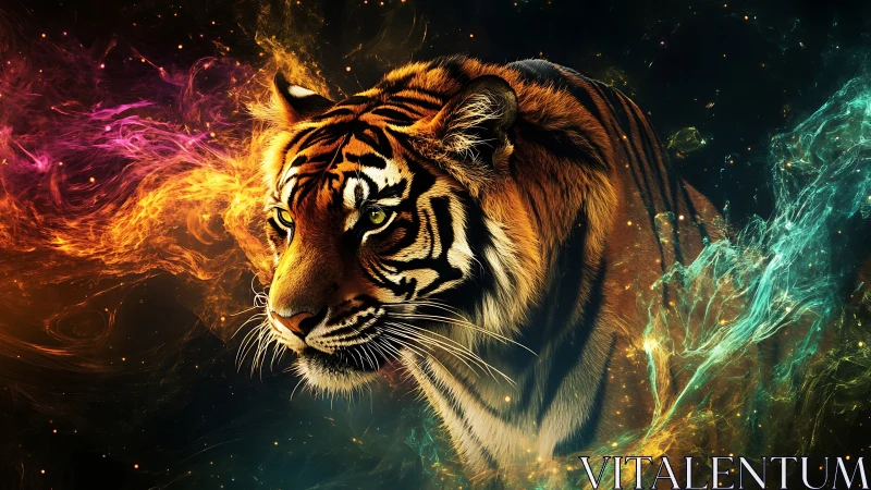 Nebula-lit tiger walks through swirling cosmic embers tonight