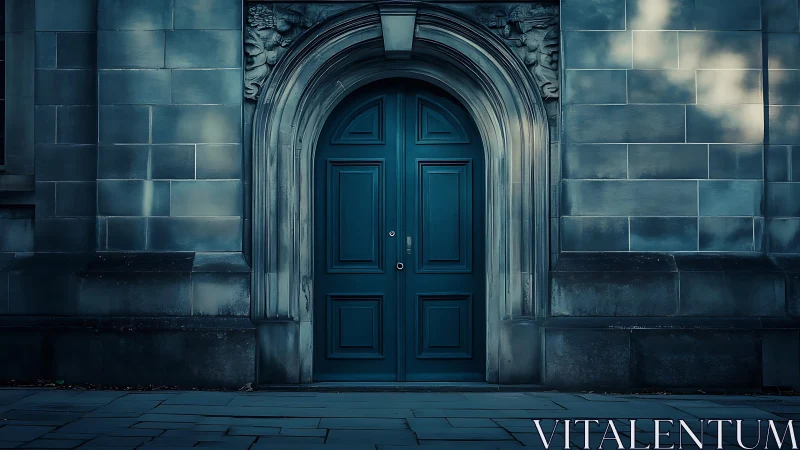 Moody teal doorway in stone arch on urban street at dusk.
