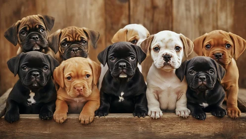 Row of curious puppies gazes forward with gentle, hopeful eyes