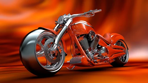 Highly polished orange custom chopper on reflective studio set