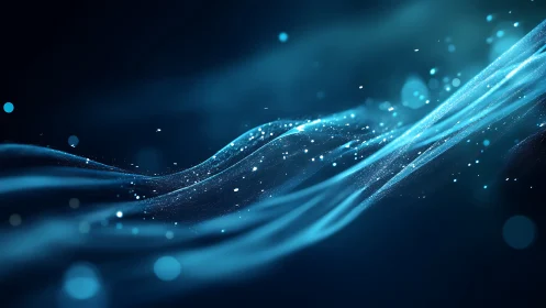 Dynamic blue particle waves rendered with depth-of-field bokeh effects