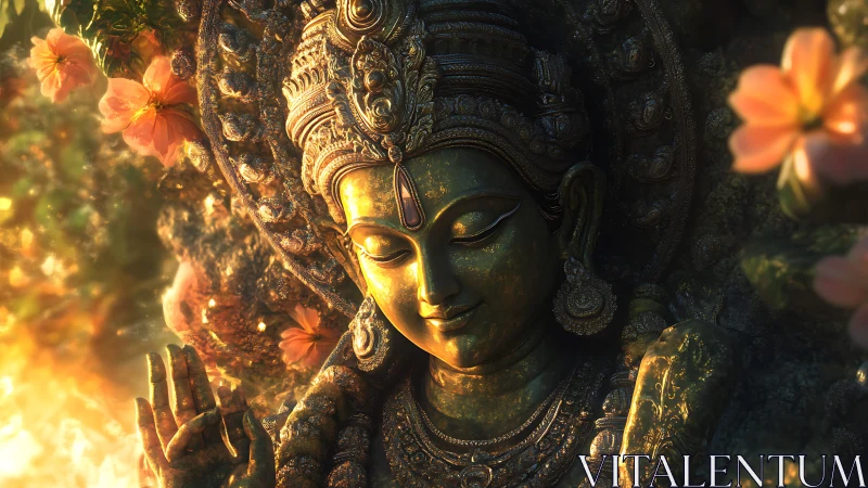 Digital painting of golden goddess relief with floral light halo.