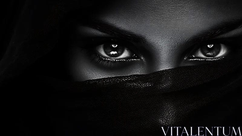 Shrouded eyes gaze through dark veil in sharp monochrome portrait