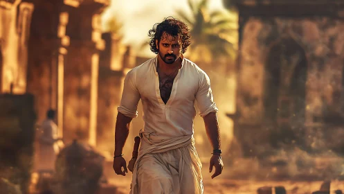 Determined warrior strides through sunlit ancient street