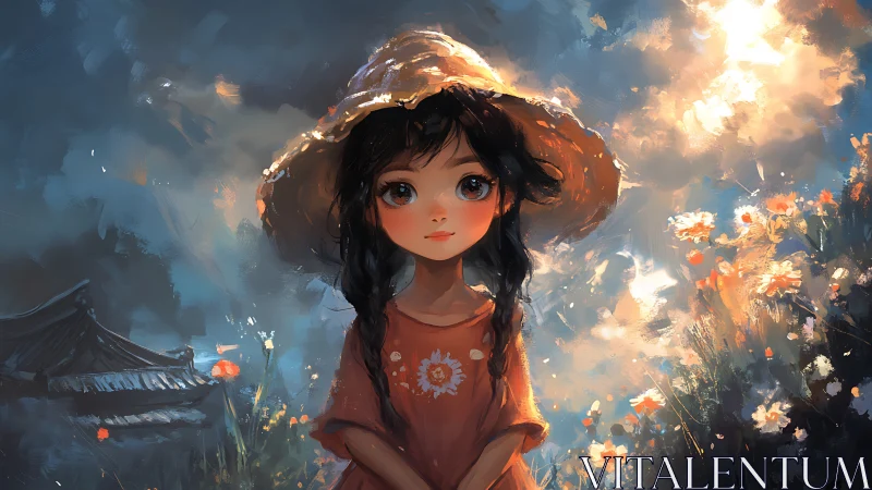 Sunlit daydream girl steadies wildflowers and stormlight