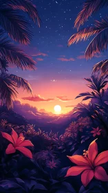 Tropical starlit sunset cradled by hibiscus guardians.