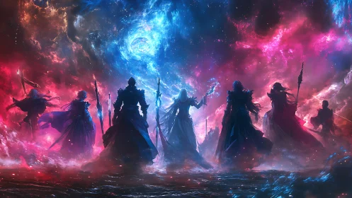 Cosmic-robed warriors confront a swirling nebula sky.