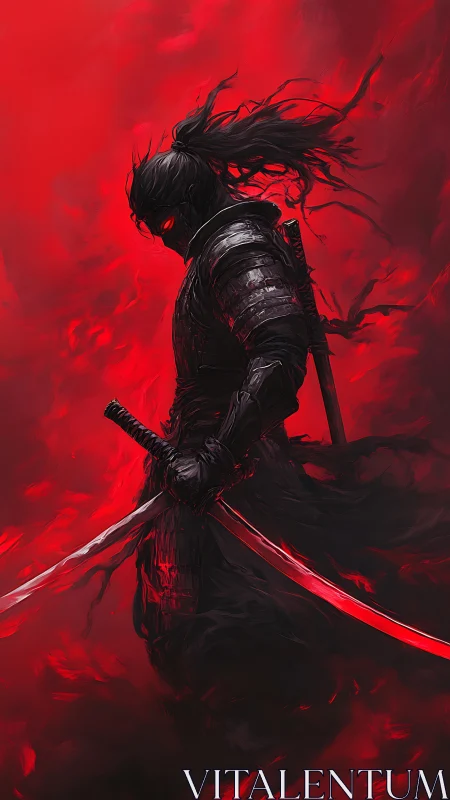 Armored dark samurai framed in infernal red digital chiaroscuro
