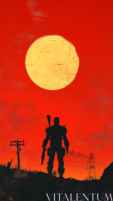 Silhouetted wasteland soldier under oversized scorched sun.