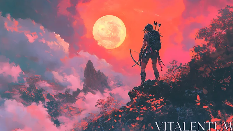 Digital painting of lone archer over crimson lunar valley.