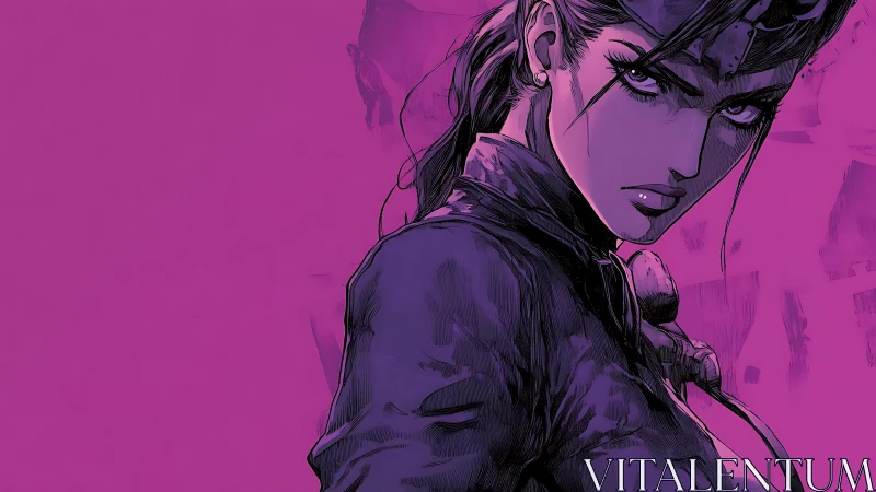 Purple-toned anime woman rendered in bold ink shading