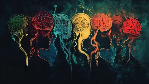 Silhouetted human heads with colorful brains in sequence.