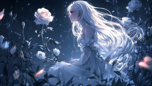 Moonlit anime maiden amid glowing white rose garden.