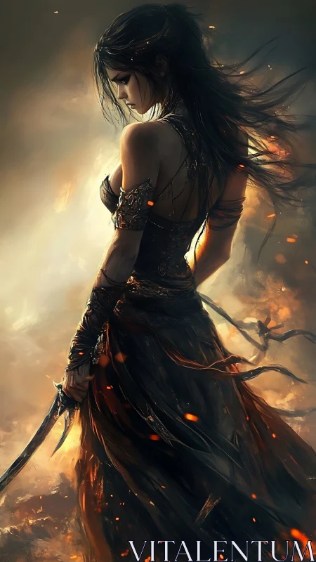 Battle-scarred warrior woman with sword amid drifting embers