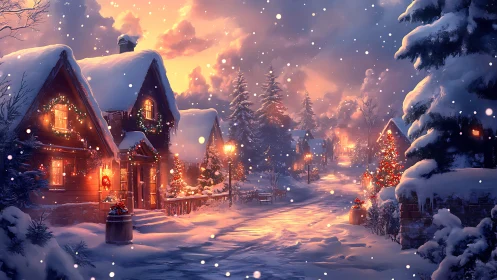 Snowy Christmas village street under warm glowing lights.