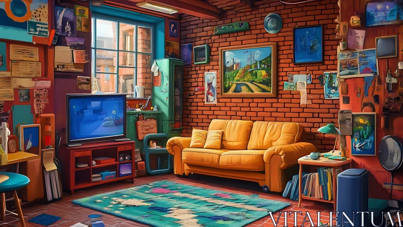 Highly saturated brick loft living room with eclectic analog media wall