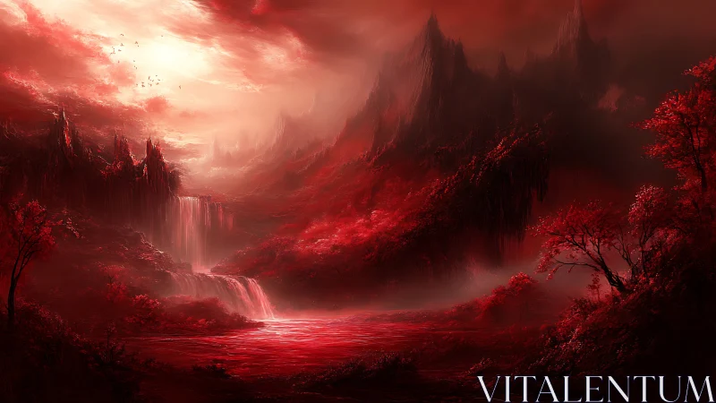 Crimson waterfalls beneath stormlit mountains of mist.
