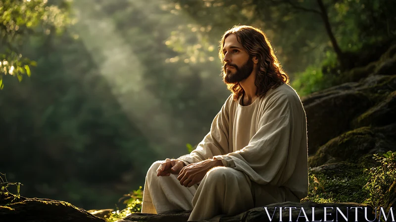 Serene robed figure in forest bathed in golden light.