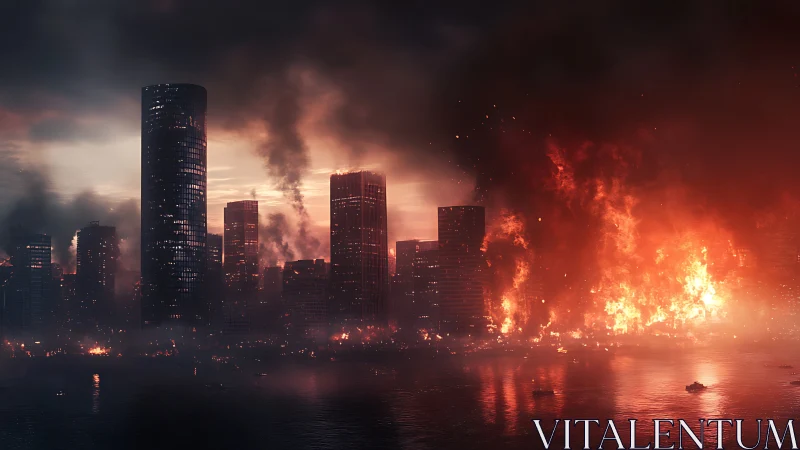 Digital painting of waterfront metropolis under catastrophic fire.