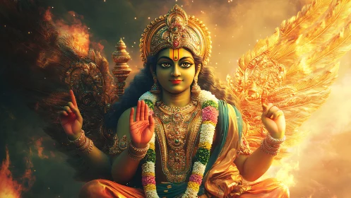 Radiant winged deity sits in golden light with calm blessing