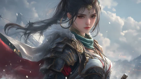 Armored warrior heroine rendered with high-detail fantasy lighting