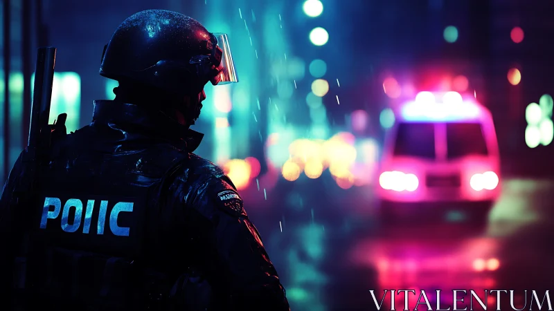 Neon rain patrol with armored officer in electric night glow.