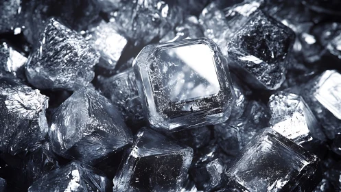 Macro study of geometric ice cubes with metallic sheen.