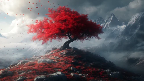 Solitary crimson tree on rocky summit in misted alpine range