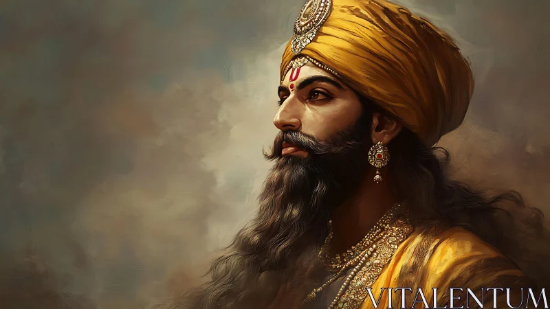 Golden-turbaned monarch studies distant stormy horizons