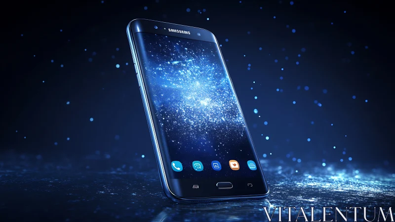 Curved AMOLED smartphone amid luminous particle field simulation.