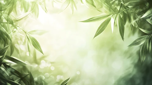 Green bamboo leaves frame soft glowing bokeh background