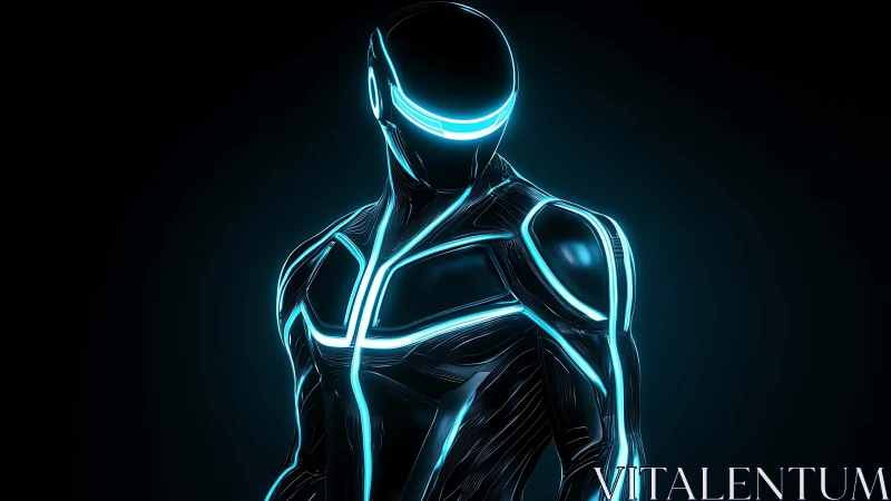 Neon cybernetic figure glows with electric blue circuitry.