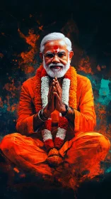 Digital portrait of seated elder in orange robes and garlands.