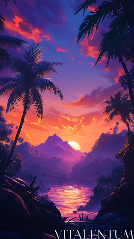 Digital sunset lagoon with silhouetted palms in vertical format.