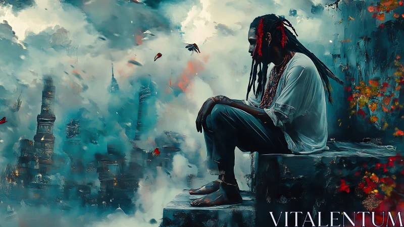 Solitary figure over atmospheric ruins in chromatic turbulence.