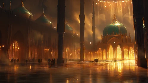 Luminous domed courtyard with volumetric haze and reflective stone