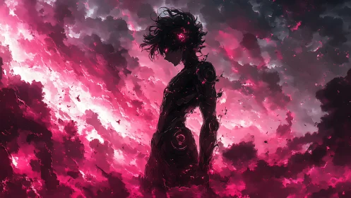 Cybernetic silhouette in magenta storm cloud turbulence field.