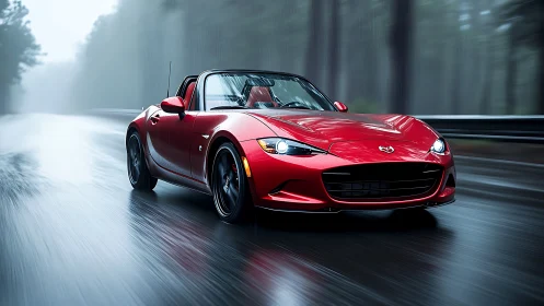 Red convertible sports car on wet forest highway at speed.