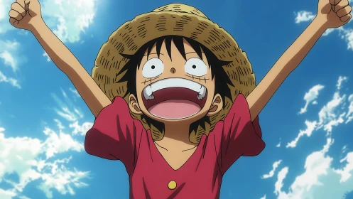 Straw hat anime character with raised arms under sky.