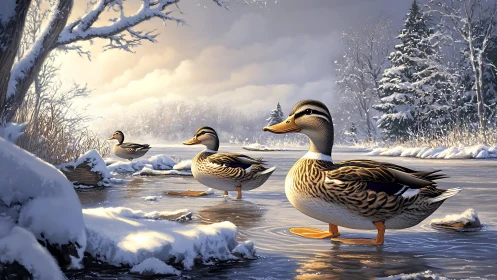Mallard ducks stand on icy winter river beneath soft dawn light
