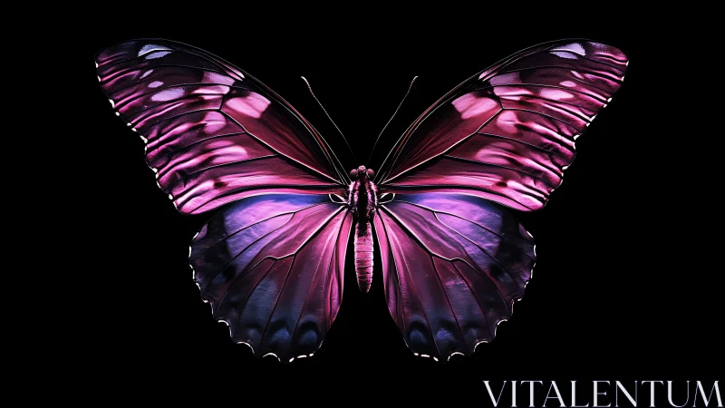 Iridescent purple butterfly spreads luminous wings on black