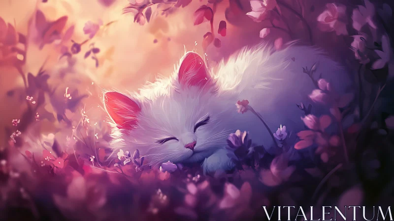 Serene White Cat Surrounded by Blooming Pink Flowers
