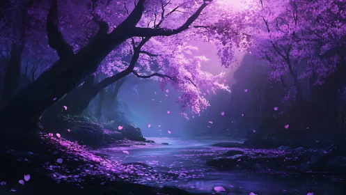 Digital painting of luminous cherry blossom forest streamscape.