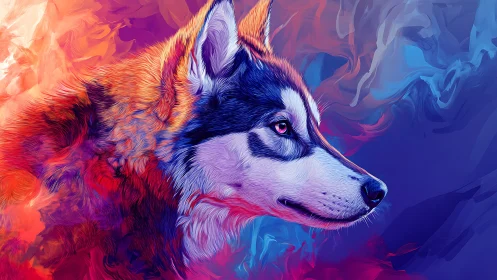 Nebula-coat husky gazing through molten auroras of color.