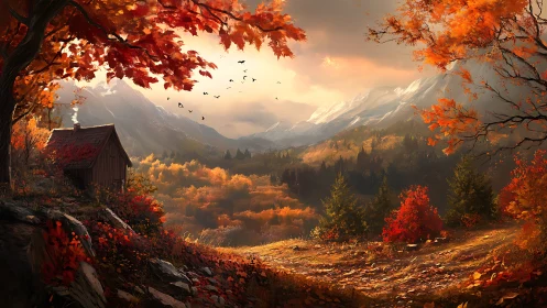 Autumn valley cabin beneath glowing mountains at sunset.