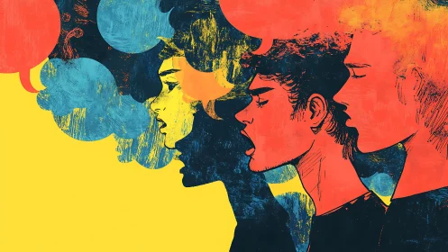 Illustrated side profiles with overlapping speech bubbles.