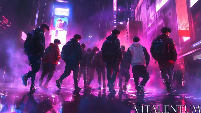 Neon-soaked youths crossing a rainy cyberpunk avenue at night.