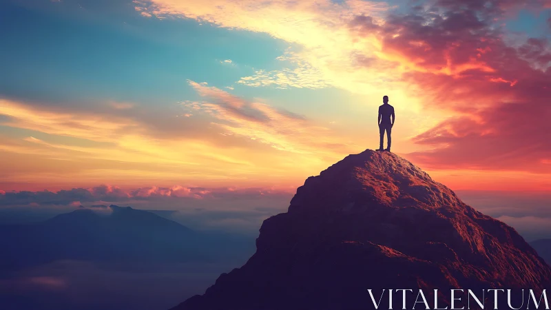 Silhouette on sunlit summit contrasts against chromatic sky